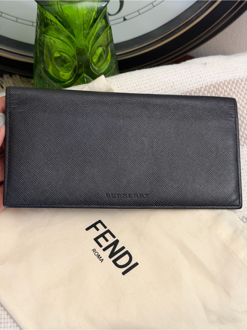 Burberry Men's Black Leather Long Wallet with Fendi Dust Bag